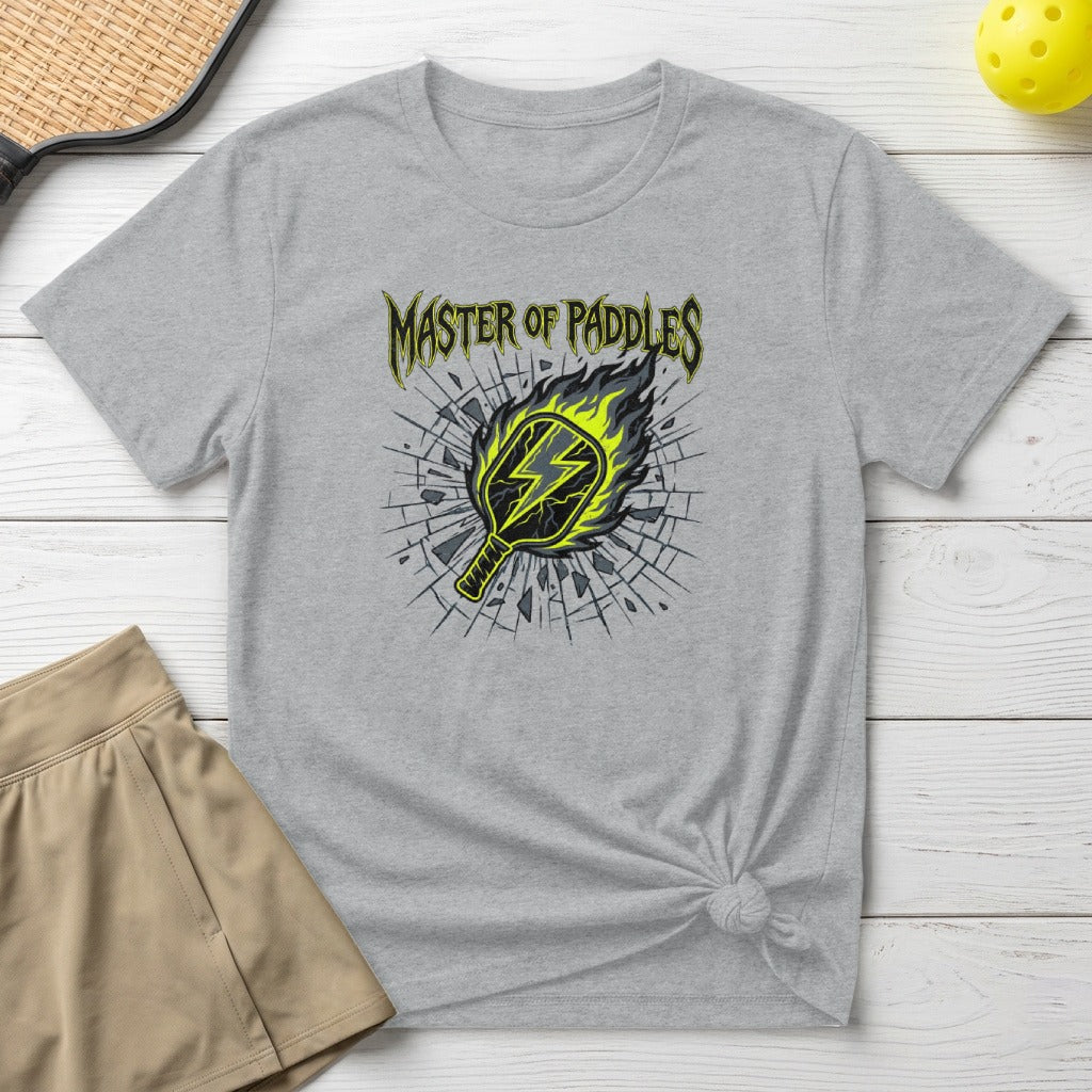 Grey t-shirt with "Master of Paddles" and a flaming pickleball paddle.