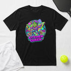 Cartoon pickleball player with "Kitchen Queen" text on a black t-shirt.