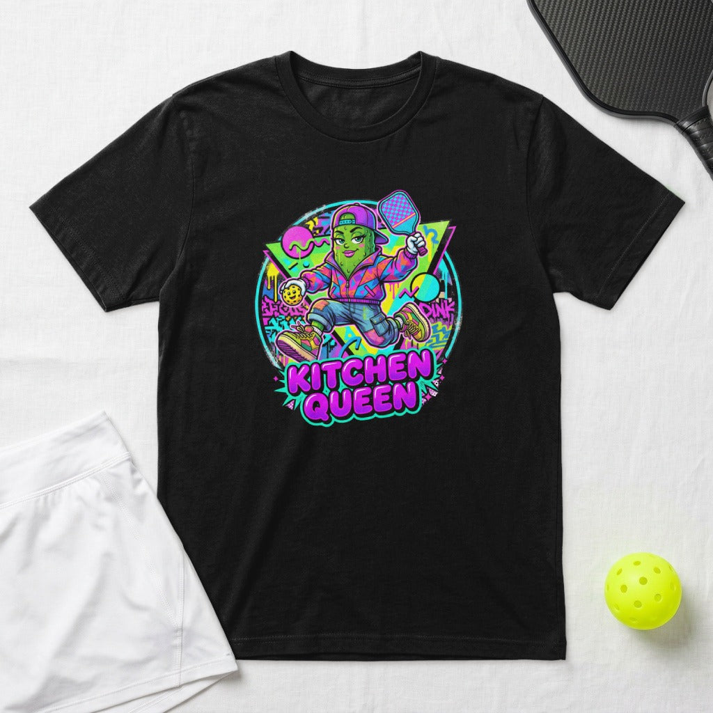 Cartoon pickleball player with "Kitchen Queen" text on a black t-shirt.