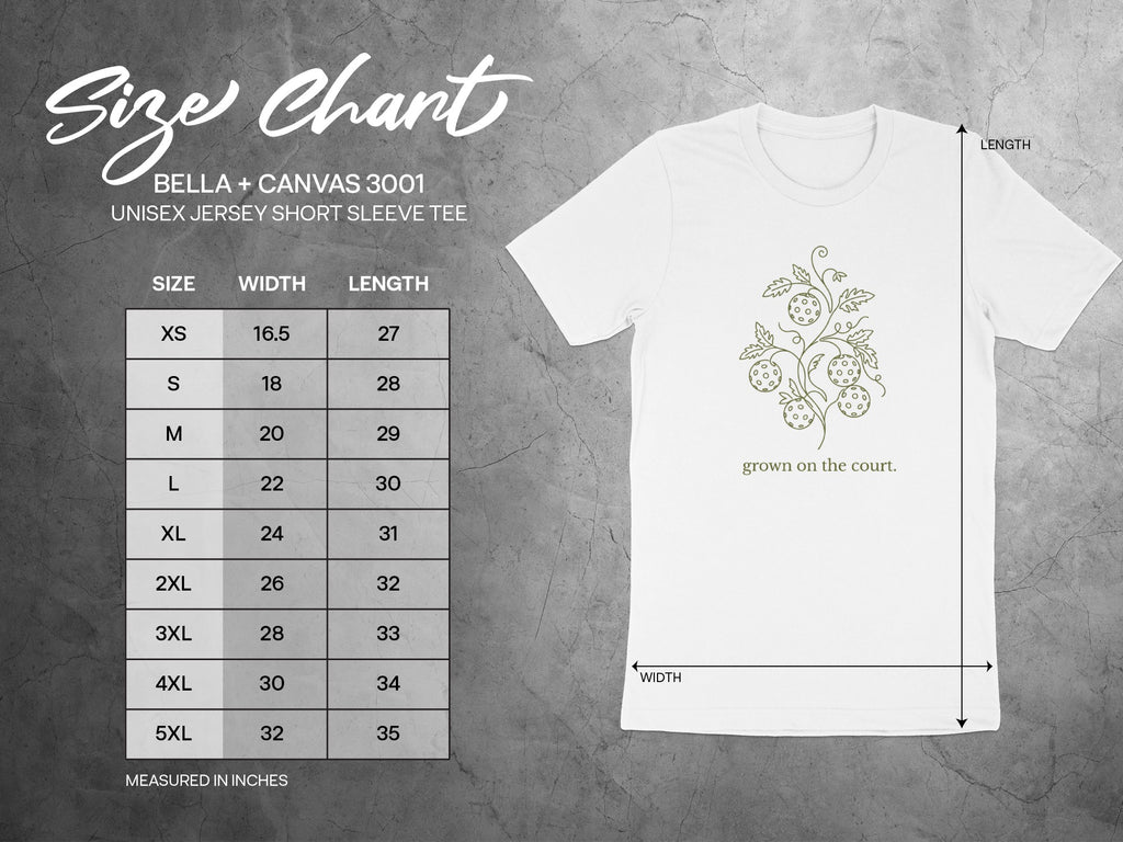Size chart for Bella + Canvas 3001 unisex t-shirt with measurements.