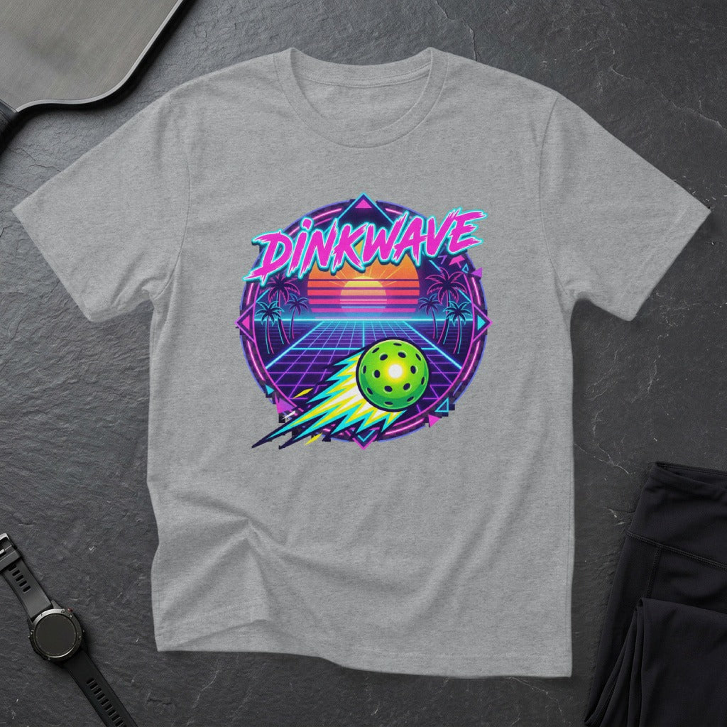 Grey t-shirt with "Pinkwave" logo, pickleball, and neon sunset design.