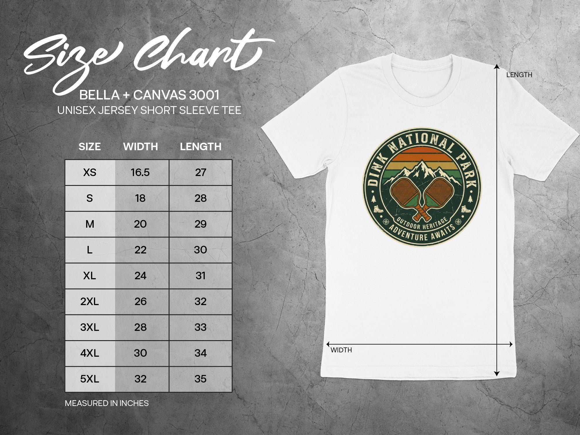 Size chart for Bella + Canvas 3001 unisex t-shirt with size, width, and length measurements.