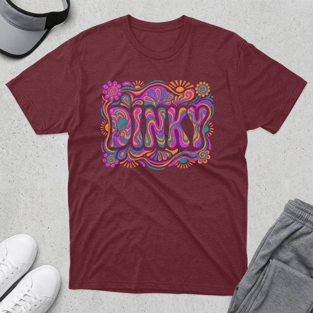 Maroon t-shirt with colorful, wavy "FUNKY" text and floral designs.