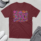 Maroon t-shirt with colorful, wavy "FUNKY" text and floral designs.