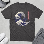 Dark grey t-shirt with a white wave and paddle graphic.