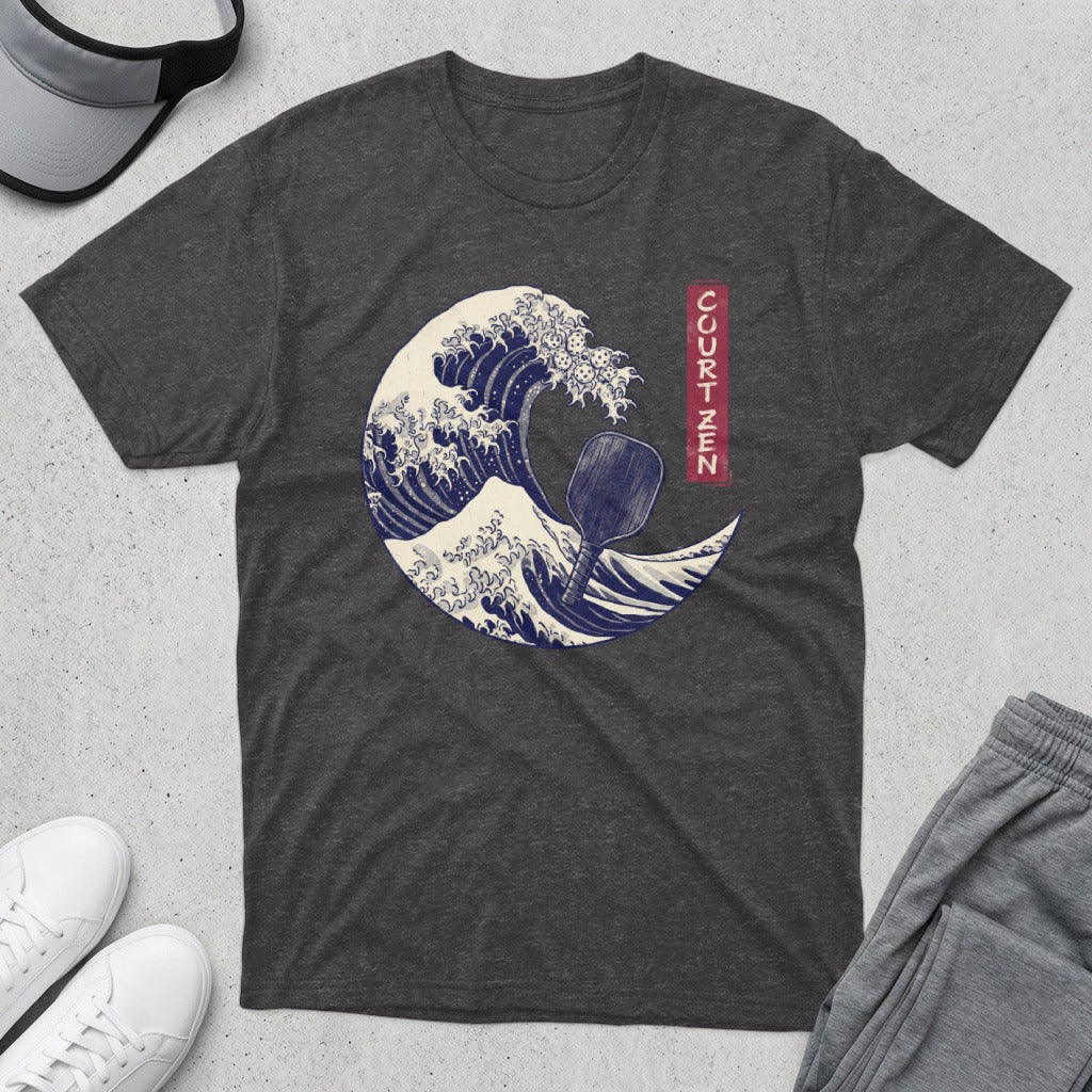 Dark grey t-shirt with a white wave and paddle graphic.