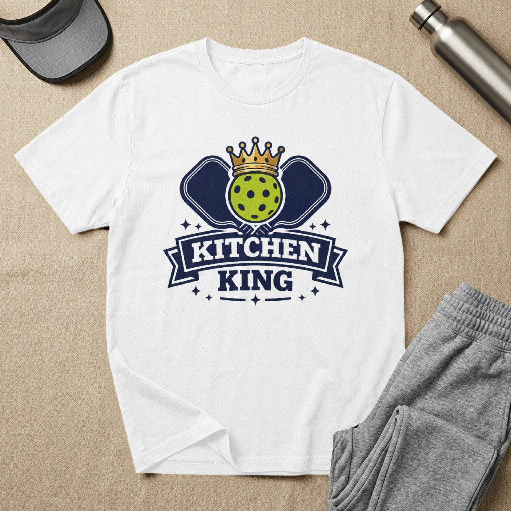 White t-shirt with a pickleball "Kitchen King" graphic and a crown.
