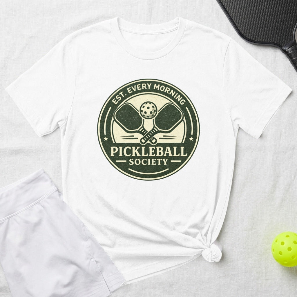 White t-shirt with "Pickleball Society" logo and graphic of paddles and ball.