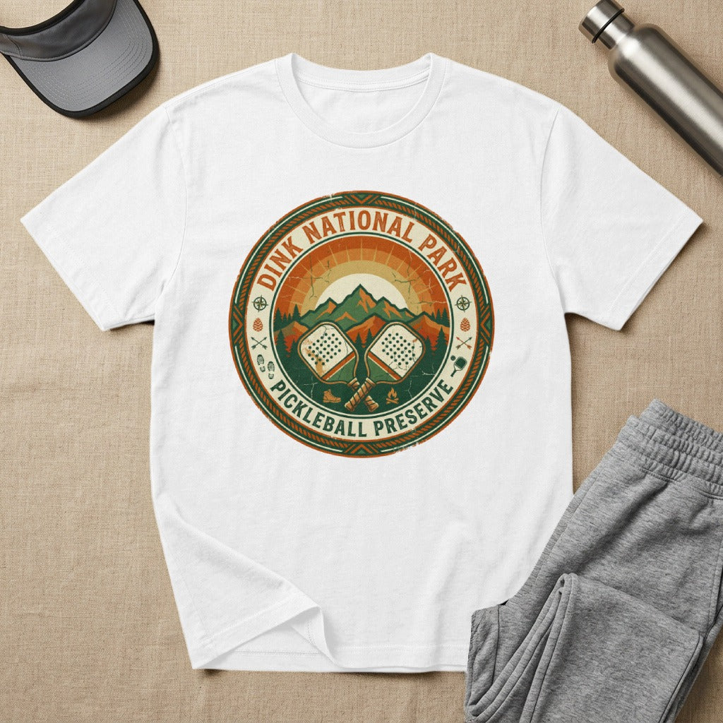 Dink National Park Pickleball Preserve logo with mountains and sun.