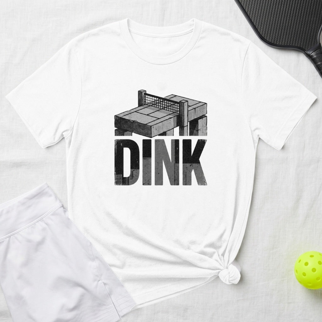 White t-shirt with "DINK" and pickleball net graphic.