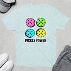 Light blue t-shirt with four pickleballs and "PICKLE POWER" text.