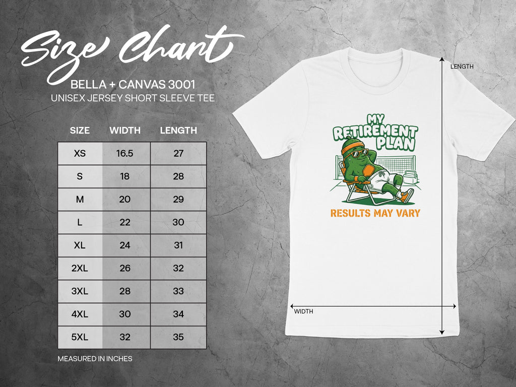 Size chart for Bella+Canvas 3001 unisex t-shirt with graphic.