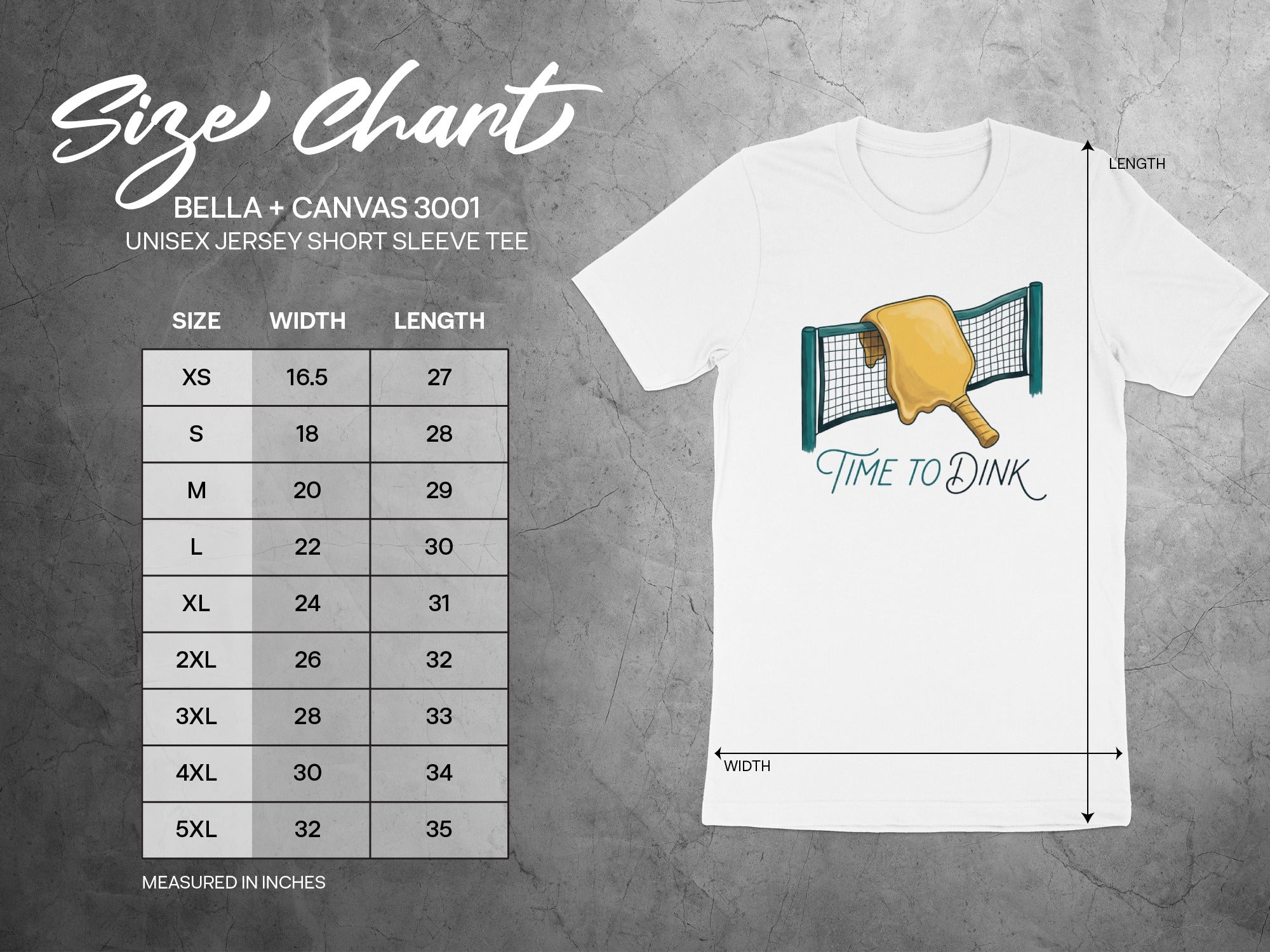 Size chart for Bella + Canvas 3001 t-shirt with "Time to Dink" graphic.