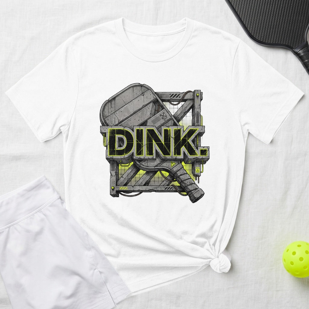 White t-shirt with "DINKL." graphic, pickleball paddle, and skirt.