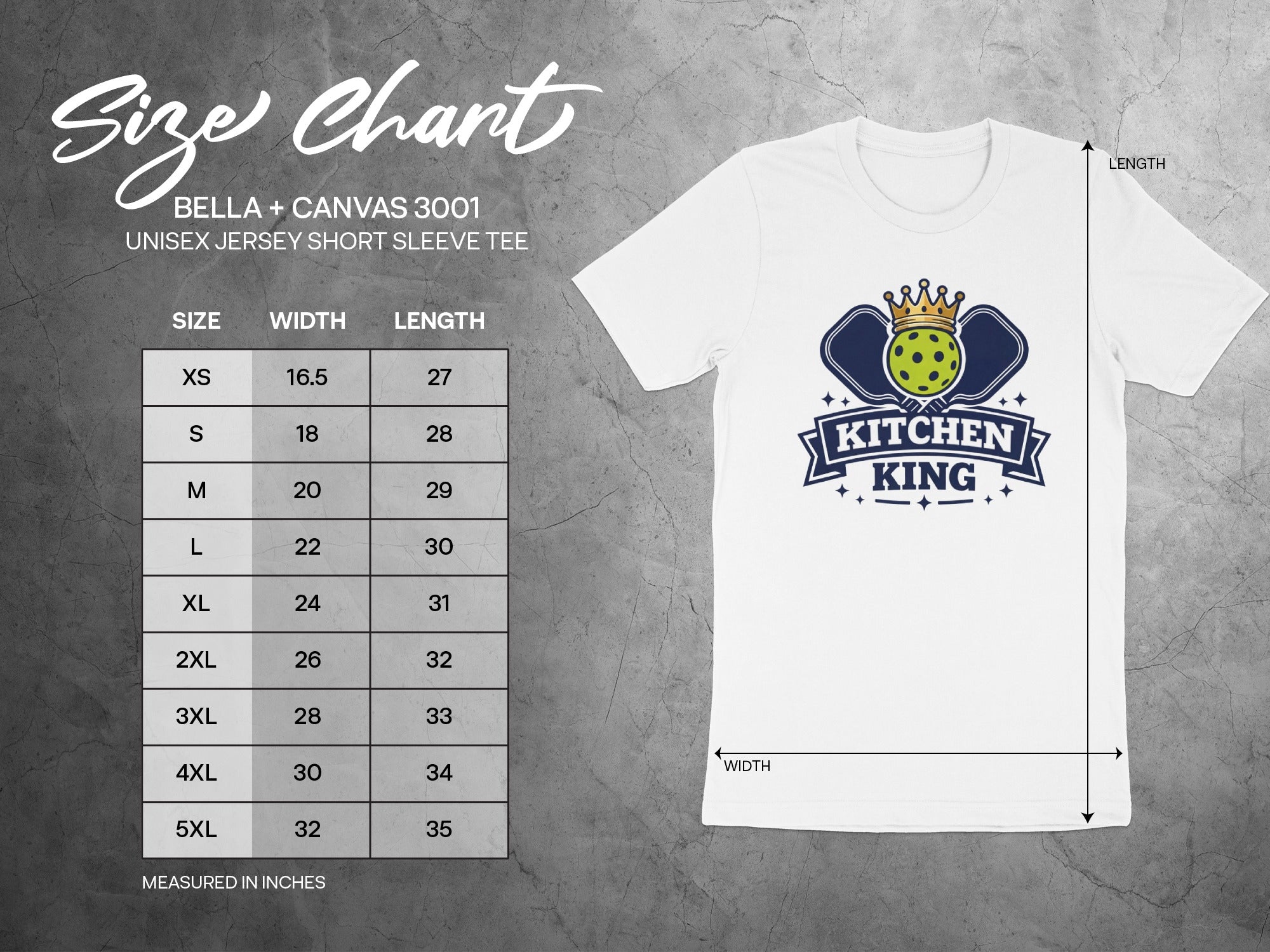 Unisex t-shirt size chart with "Kitchen King" graphic.