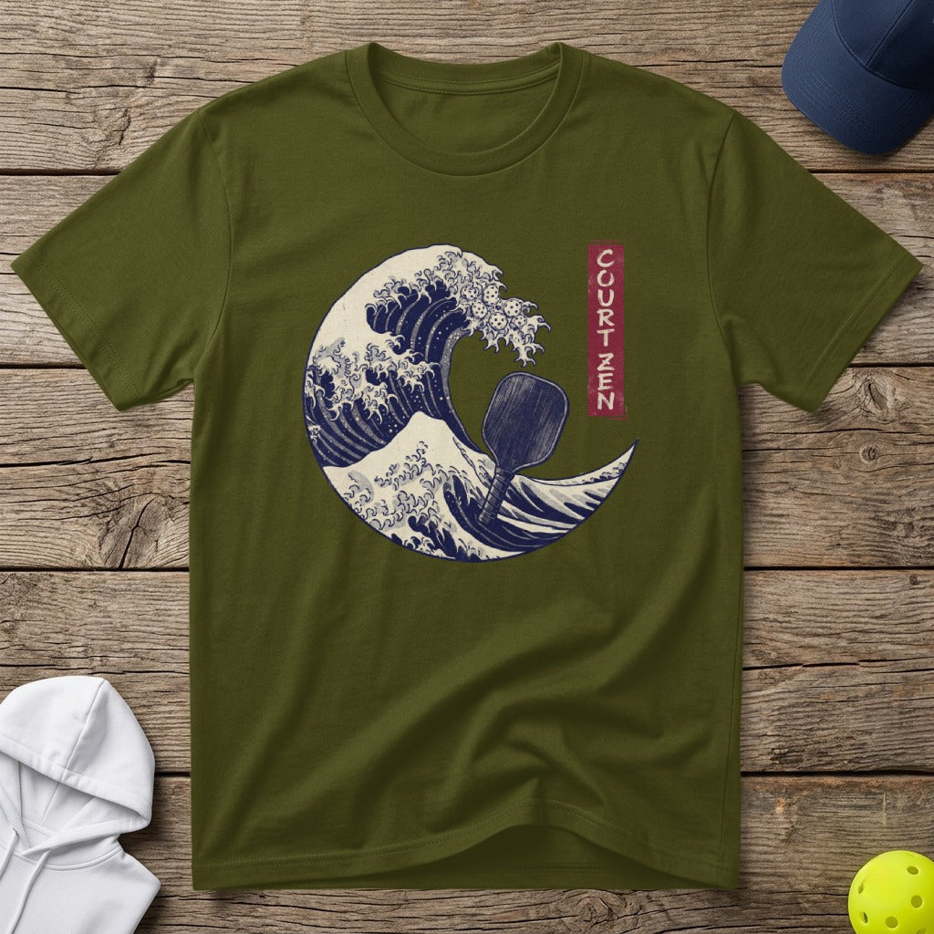 Olive t-shirt with a Japanese wave design featuring a pickleball paddle.