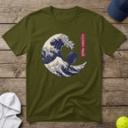 Olive t-shirt with a Japanese wave design featuring a pickleball paddle.