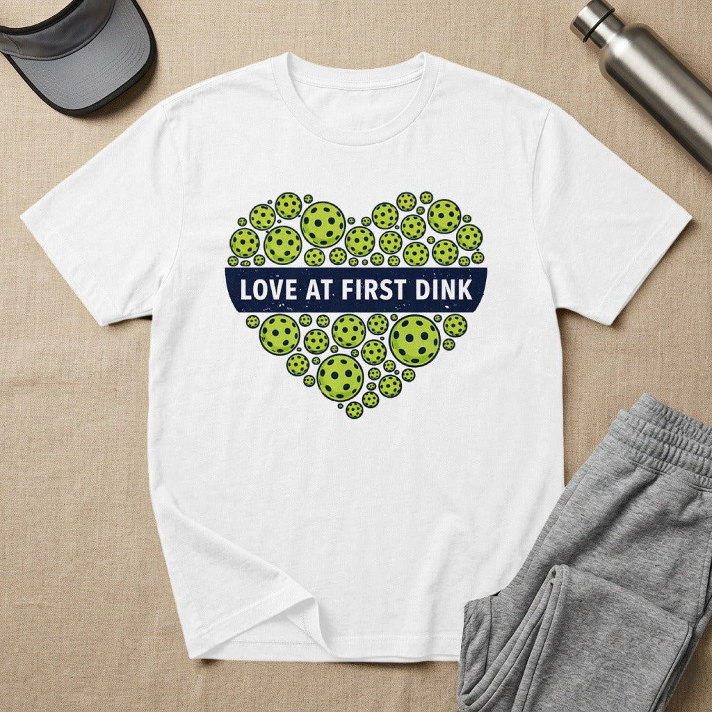 White t-shirt with heart-shaped pickleballs and text "Love at First Dink".