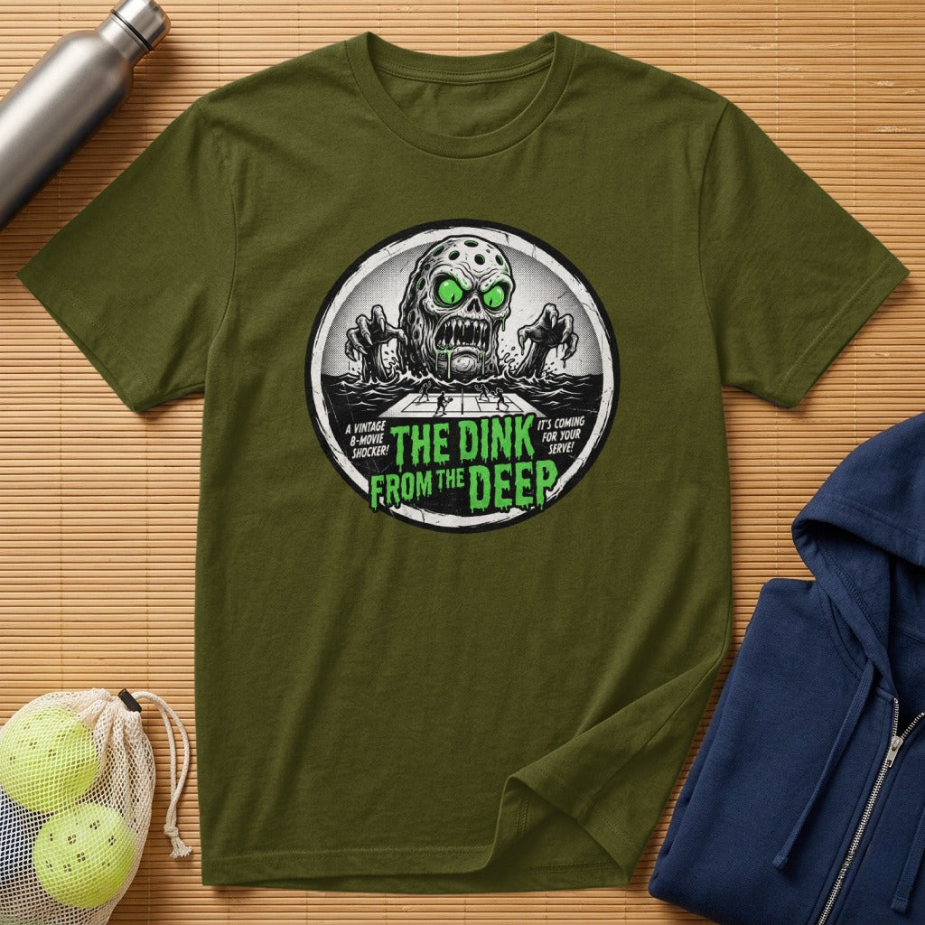 Olive green t-shirt with "The Dink From The Deep" vintage B-movie graphic.