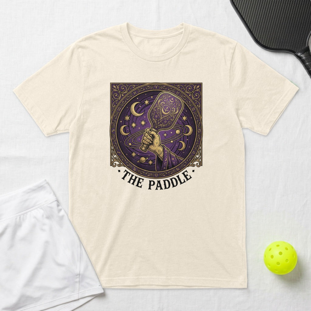 T-shirt with "The Paddle" text and celestial pickleball graphic.
