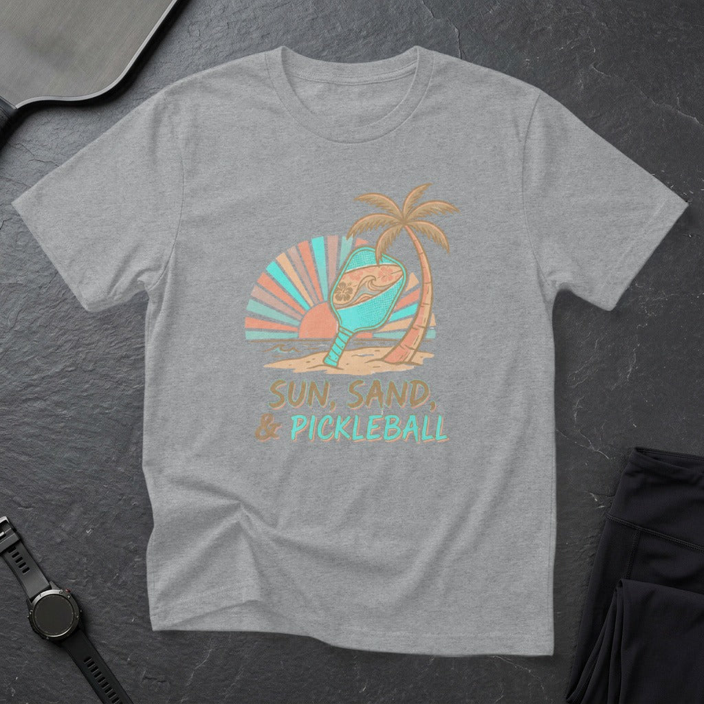 Gray t-shirt with "Sun, Sand, & Pickleball" text and a beach scene.