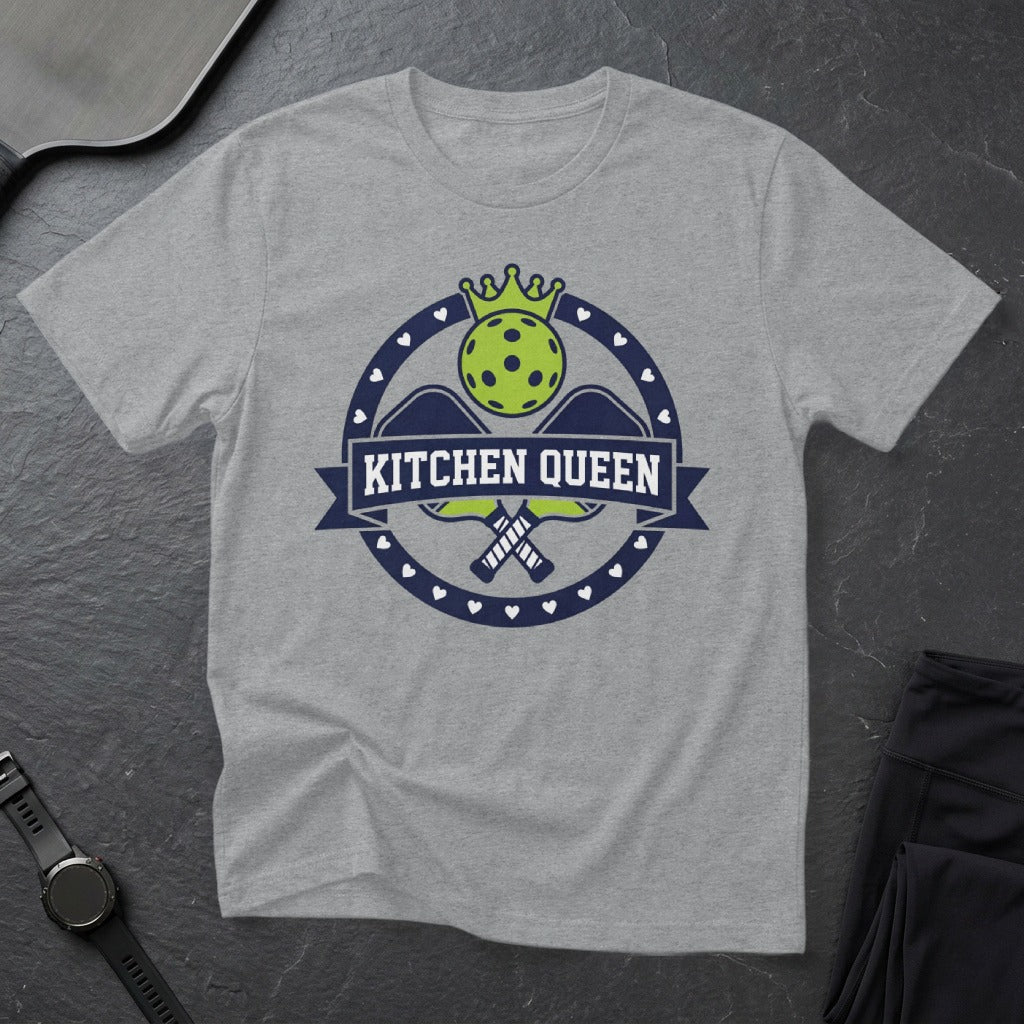 Grey t-shirt with "Kitchen Queen" logo featuring pickleball paddles and a crown.