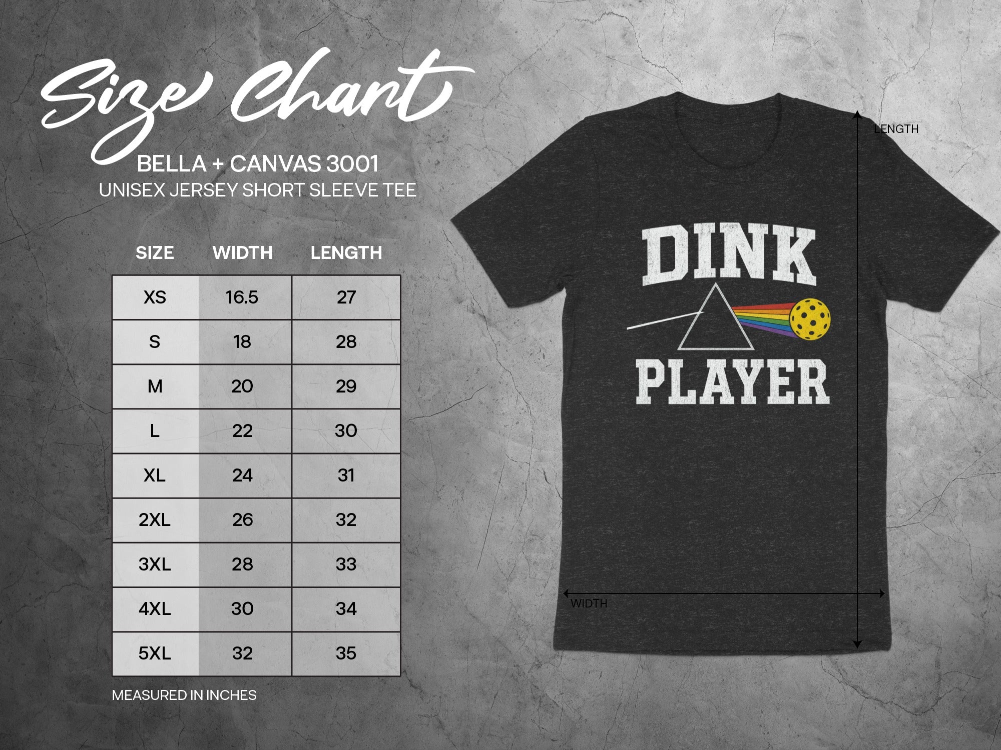 Bella + Canvas 3001 unisex t-shirt size chart with width and length measurements.