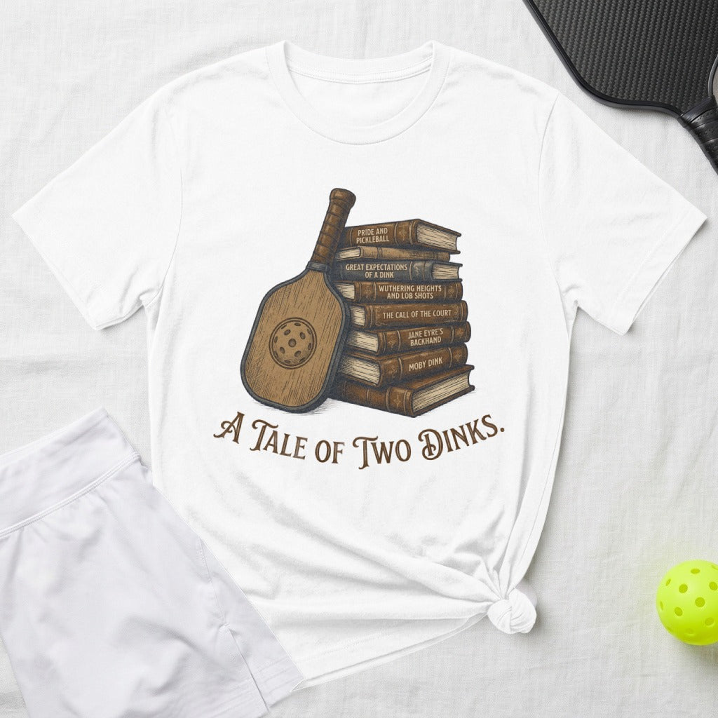 T-shirt with stack of books titled "A Tale of Two Dinks" and pickleball paddle.
