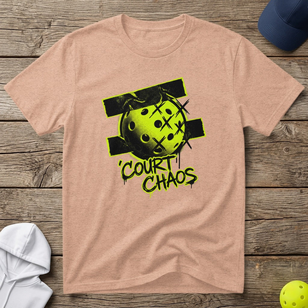 Peach t-shirt with "COURT CHAOS" text and a stylized pickleball graphic.