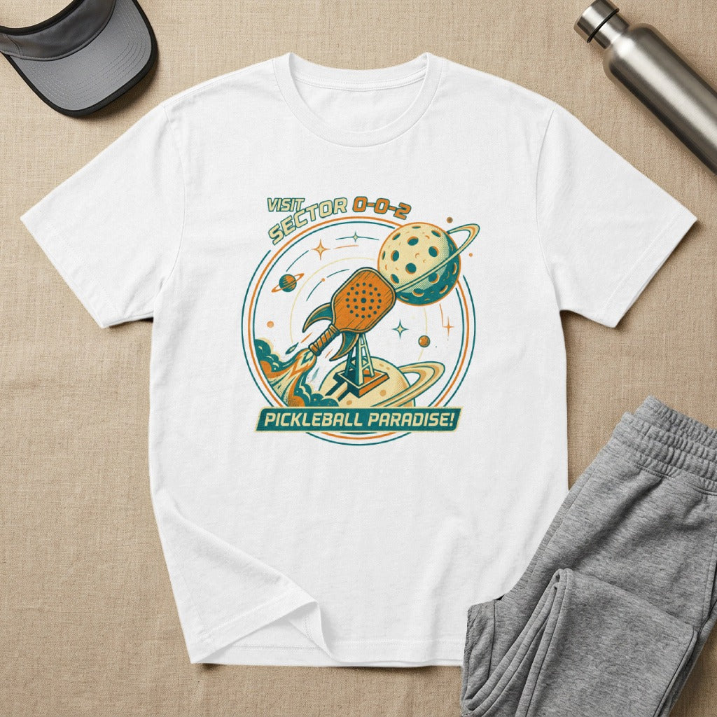 White t-shirt with "VISIT SECTOR 0-0-2 PICKLEBALL PARADISE!" and pickleball graphic.