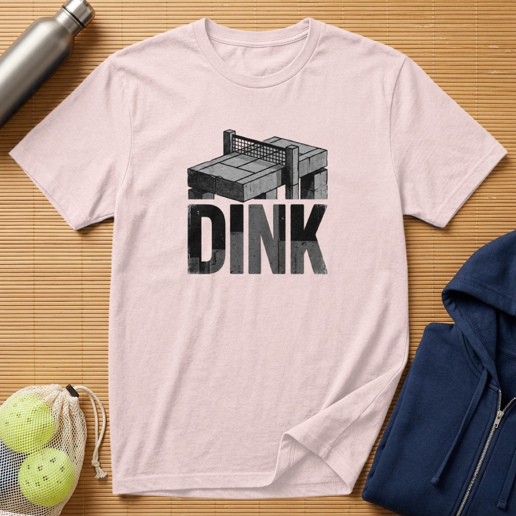 Pink t-shirt with "DINK" text and a pickleball court graphic.