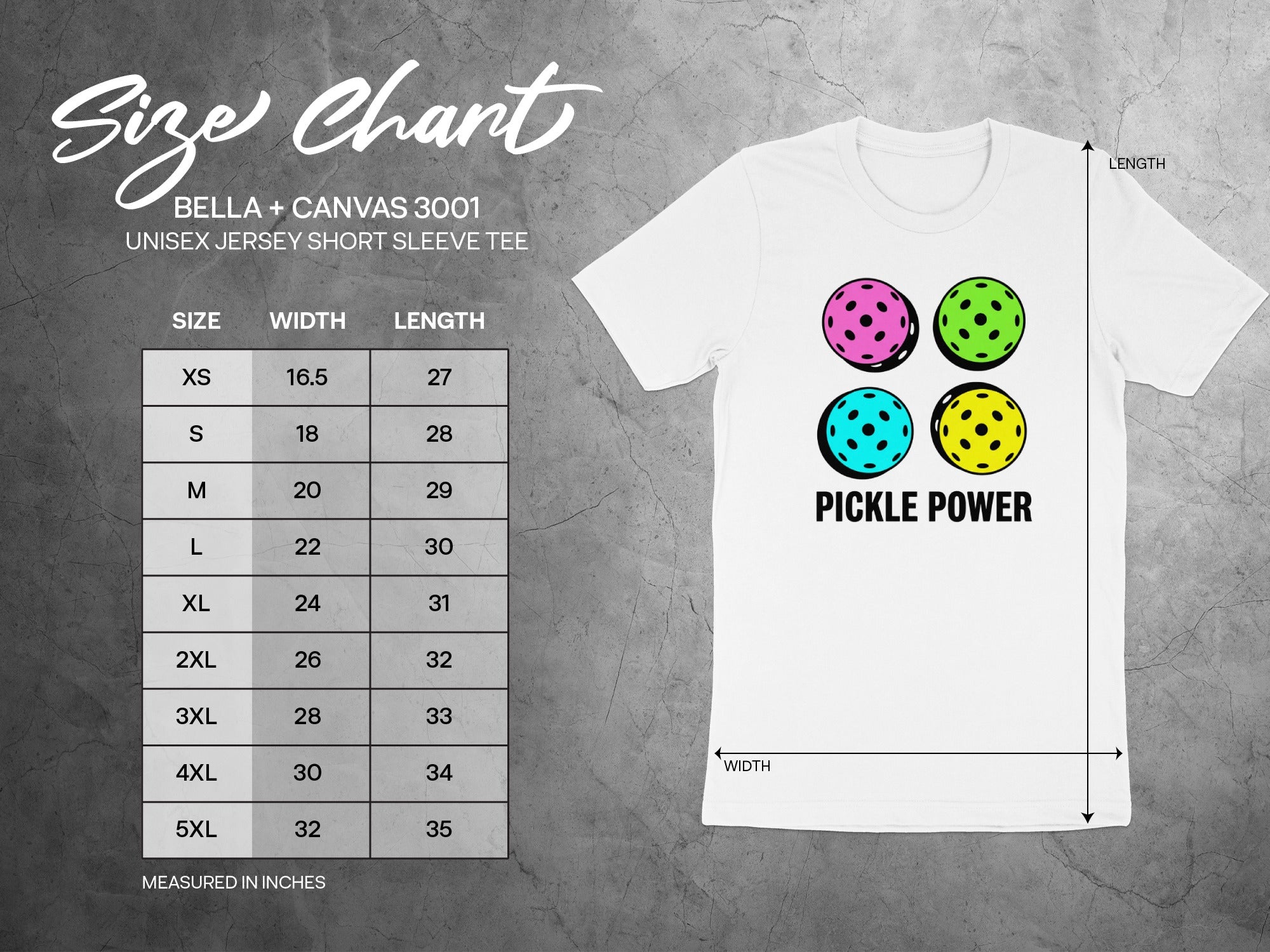 Bella+Canvas unisex t-shirt size chart with "Pickle Power" graphic.