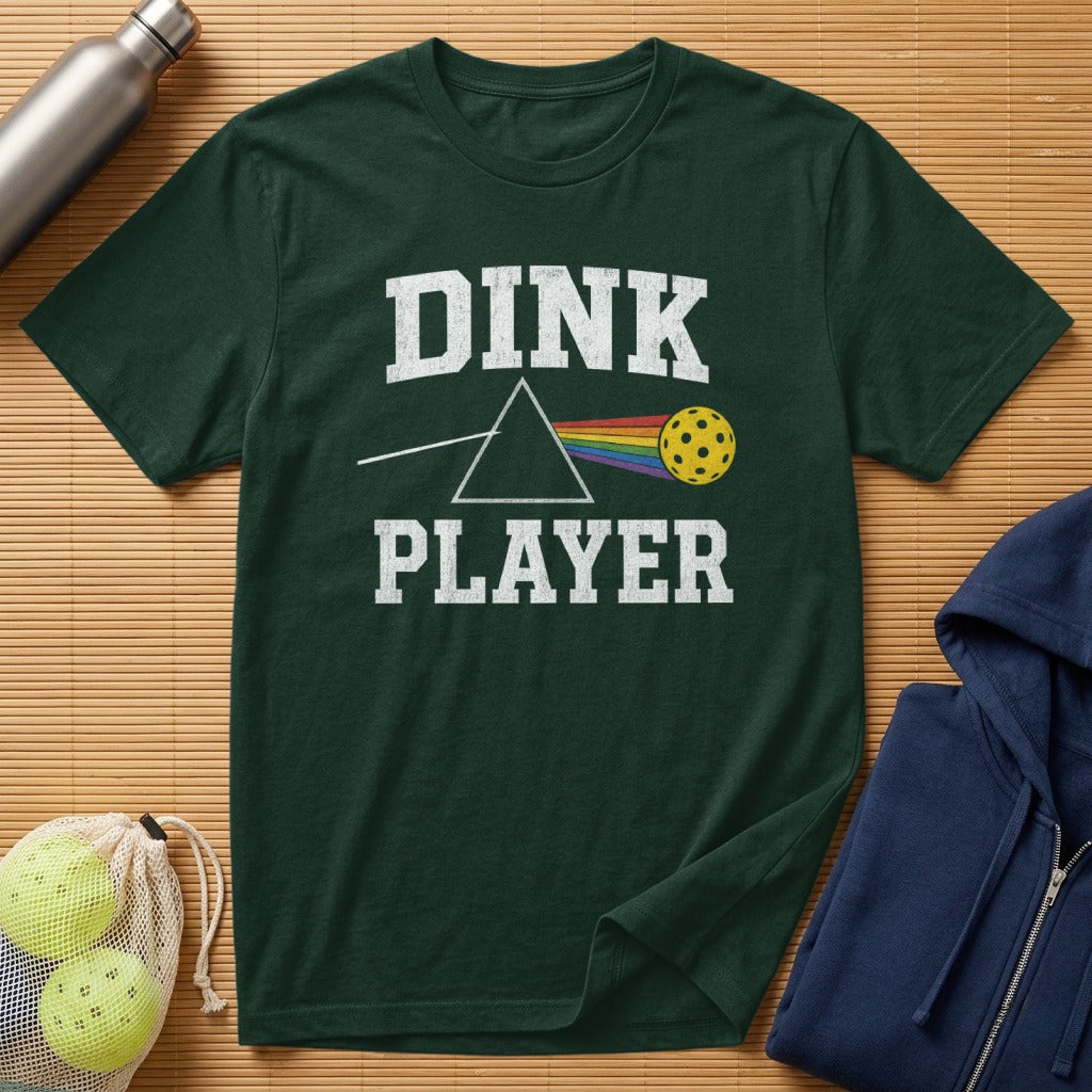 Green t-shirt with "DINK PLAYER" in white and yellow pickleball over prism.