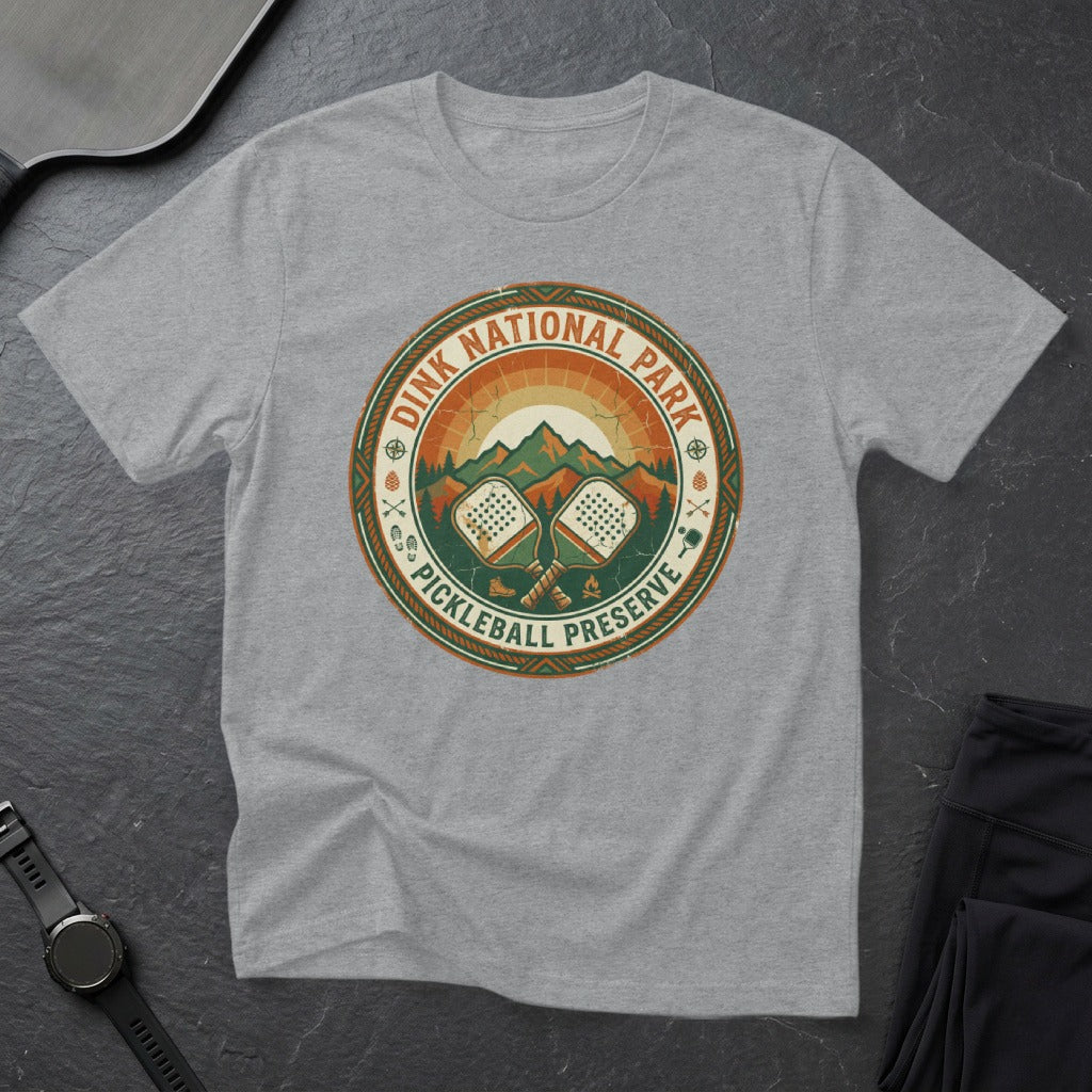 Gray t-shirt with "Dink National Park Pickleball Preserve" graphic.