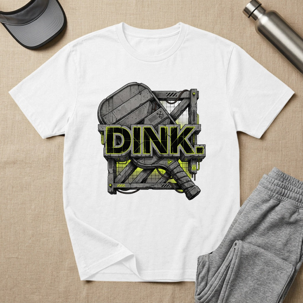 White t-shirt with "DINK." text and pickleball paddle graphic.
