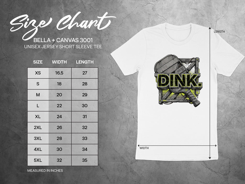 Bella + Canvas 3001 unisex t-shirt size chart with measurements for width and length.