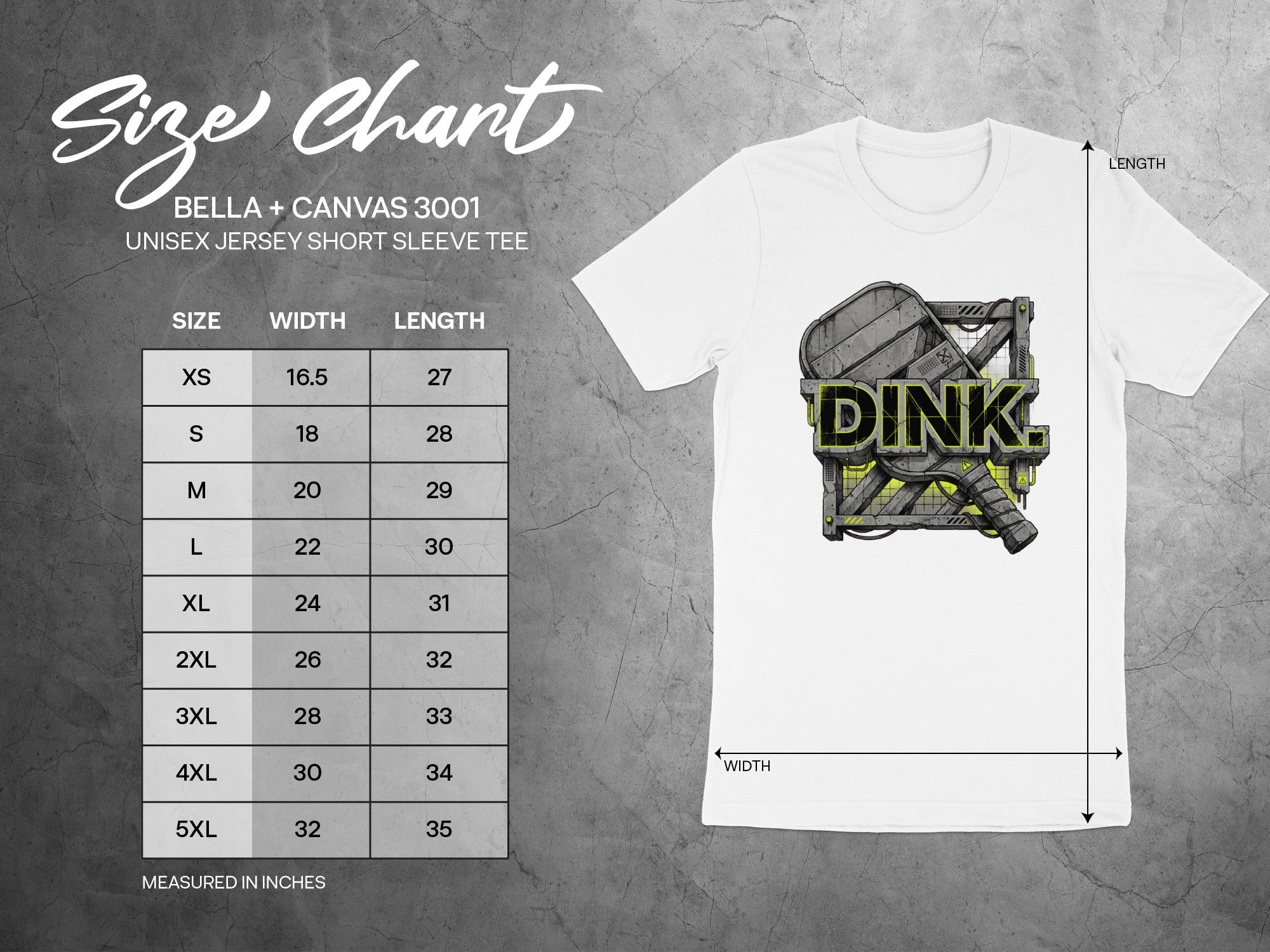 Bella + Canvas 3001 unisex t-shirt size chart with measurements for width and length.