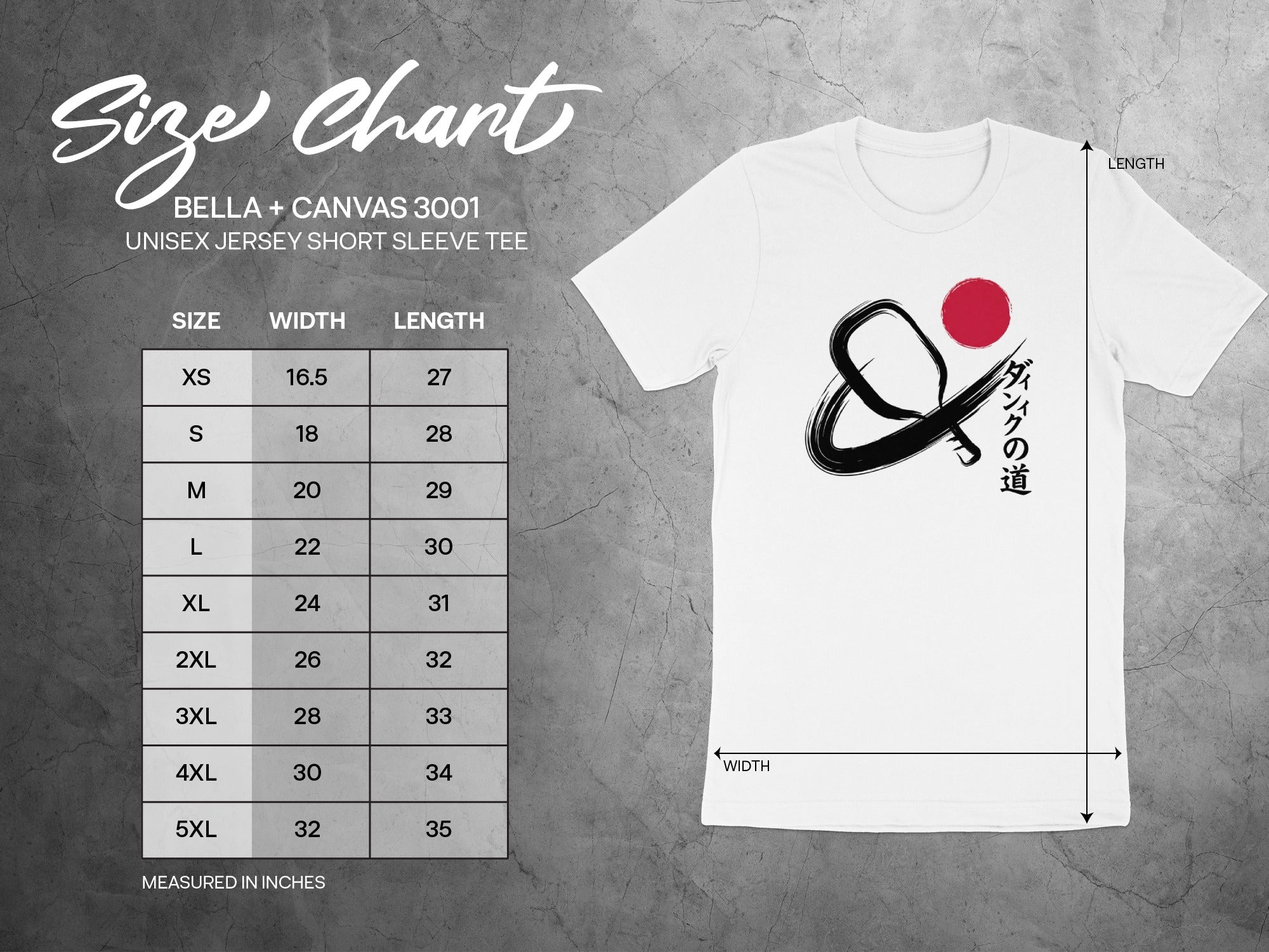 Bella + Canvas 3001 unisex t-shirt size chart with measurements in inches.
