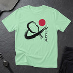 Mint green t-shirt with black brush stroke ampersand and red circle.