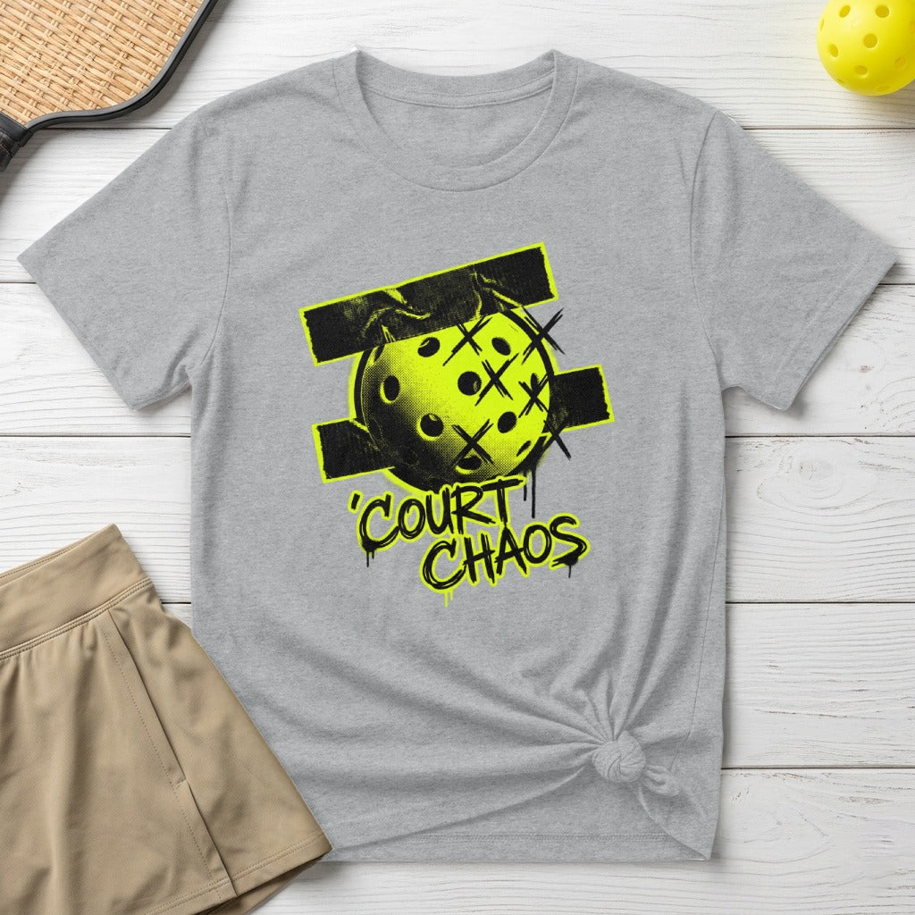 Grey t-shirt with yellow pickleball graphic and "COURT CHAOS" text.