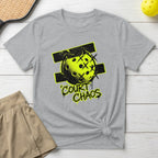 Grey t-shirt with yellow pickleball graphic and "COURT CHAOS" text.
