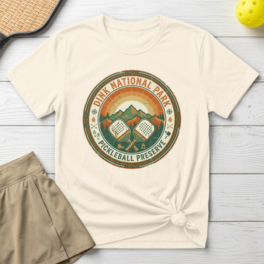 Dink National Park pickleball design on a tan t-shirt.