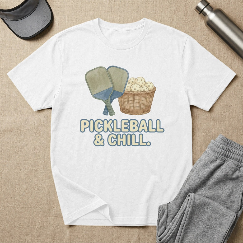 White t-shirt with "Pickleball & Chill" text and pickleball graphic.