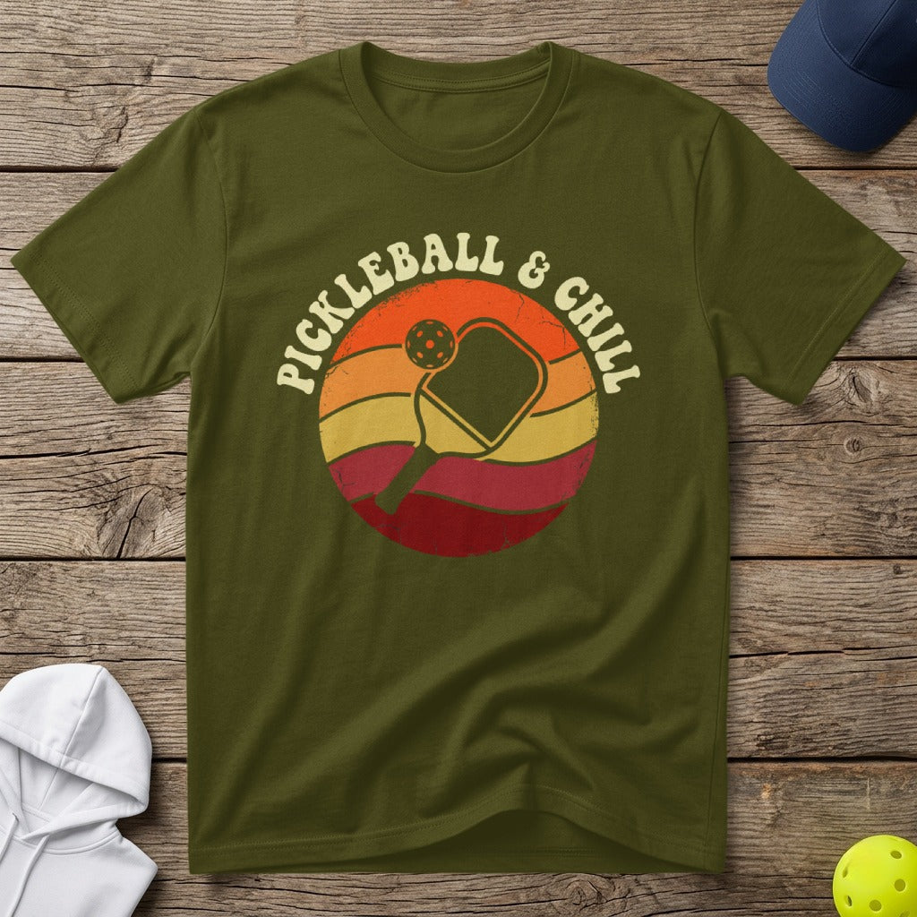 Olive green t-shirt with "Pickleball & Chill" text and a pickleball paddle graphic.